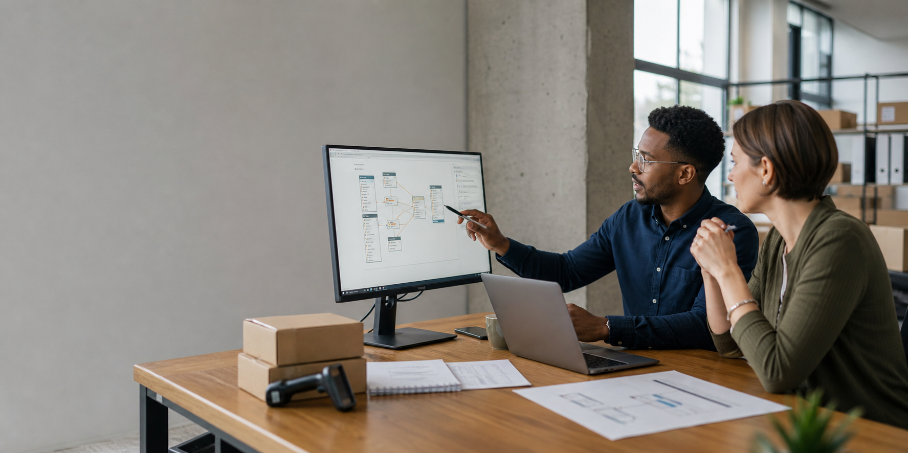 Duas pessoas a analisar um fluxo de integração num monitor, com caixas de encomendas na mesa