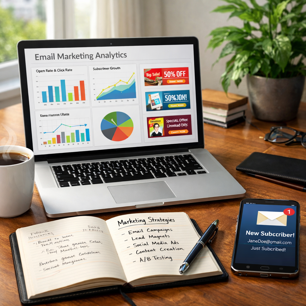 nfográfico demonstrando o fluxo do email marketing, desde a subscrição de um contacto até ao envio de e-mails automatizados e análise de resultados.